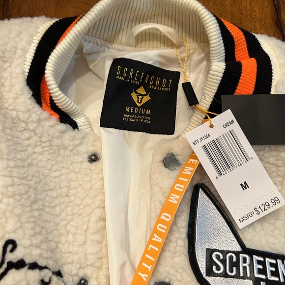Men's Screenshot Cream Varsity Jacket with Patches - Picture 2 of 7
